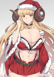Rule 34 | 1girl, absurdres, anila (granblue fantasy), bell, blonde hair, blunt bangs, breasts, cleavage, closed mouth, crop top, curled horns, detached sleeves, draph, fur-trimmed headwear, fur-trimmed sleeves, fur trim, ge-b, granblue fantasy, hand up, hat, heart, highleg, highleg panties, highres, horns, huge breasts, long hair, looking at viewer, midriff, mole, mole on breast, navel, neck bell, panties, red hat, red skirt, santa costume, santa hat, sheep horns, short eyebrows, simple background, skirt, thick eyebrows, underwear, very long hair, wide sleeves, yellow eyes