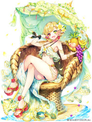 Rule 34 | 1girl, banana, bangle, bikini, bracelet, braid, breasts, charlotte (shironeko project), cleavage, company name, dated, earrings, fang, flower, food, fruit, full body, grapes, green eyes, green umbrella, hair flower, hair ornament, heterochromia, holding, holding food, holding fruit, jewelry, crossed legs, looking at viewer, medium breasts, navel, official art, open mouth, parasol, peach, pineapple, red eyes, renta (deja-vu), sand, shironeko project, short hair, simple background, sitting, solo, swimsuit, umbrella, water, white background, wicker furniture