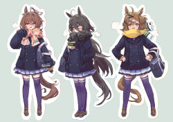 Rule 34 | 3girls, agnes tachyon (umamusume), ahoge, animal ears, artist name, bag, black hair, black scarf, blue coat, brown footwear, brown hair, buttons, coat, commentary request, double-breasted, earrings, full body, hair between eyes, hair ornament, hands in pockets, hands on own hips, highres, horse ears, horse girl, horse tail, jewelry, jungle pocket (umamusume), loafers, long hair, manhattan cafe (umamusume), multicolored hair, multiple girls, open mouth, plaid, plaid scarf, pleated skirt, purple shirt, purple thighhighs, red eyes, scarf, shirt, shoes, short hair, shoulder bag, simple background, single earring, skirt, smile, streaked hair, tail, thighhighs, tracen winter coat, umamusume, welchino, white hair, x hair ornament, yellow eyes, yellow scarf