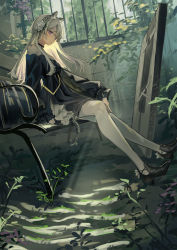 Rule 34 | 1girl, animal ear fluff, animal ears, arknights, bench, black dress, black footwear, dark-skinned female, dark skin, day, dress, flower, from side, full body, gloves, hair flower, hair ornament, hairband, heavyrain (arknights), heavyrain (tranquil moss) (arknights), high heels, highres, horse ears, horse tail, long hair, long sleeves, looking at viewer, looking to the side, natsuba002, official alternate costume, pantyhose, park bench, purple eyes, rose, ruins, shield, silver hair, sitting, solo, striped clothes, striped hairband, sunlight, tail, white flower, white gloves, white rose, window