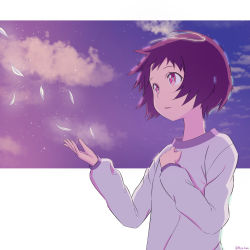 Rule 34 | 1girl, absurdres, brown hair, eiga daisuki pompo-san, hand up, highres, kizu-kun, long sleeves, looking to the side, natalie woodward, outdoors, petals, red eyes, shirt, short hair, solo, standing, upper body, white shirt