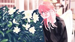 Rule 34 | 1boy, angel, angel devil (chainsaw man), angel wings, black jacket, black necktie, blush, bush, chainsaw man, collared shirt, flower, formal, halo, highres, jacket, kumanooppo, long hair, looking at flowers, looking to the side, necktie, orchid, red eyes, red hair, shirt, solo, suit, suit jacket, white shirt, white wings, wings