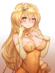 Rule 34 | + +, 1girl, blonde hair, blush, breasts, cleavage, closed mouth, collarbone, covered navel, dress, elbow gloves, floating hair, folks (nabokof), gloves, hair between eyes, hairband, index finger raised, long hair, looking at viewer, medium breasts, shiny skin, shokuhou misaki, simple background, skindentation, sleeveless, sleeveless dress, smile, solo, standing, strapless, strapless dress, toaru majutsu no index, upper body, very long hair, white background, yellow dress, yellow eyes, yellow gloves, yellow hairband