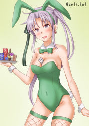 Rule 34 | 1girl, akitsushima (kancolle), animal ears, anti (untea9), between breasts, bow, bowtie, breasts, card, covered navel, cowboy shot, detached collar, fake animal ears, fishnet legwear, fishnets, gradient background, green background, green bow, green bowtie, green leotard, highres, kantai collection, leaning forward, leotard, long hair, looking at viewer, medium breasts, one-hour drawing challenge, playboy bunny, playing card, poker chip, purple eyes, purple hair, rabbit ears, rabbit tail, solo, tail, tray, twintails, wrist cuffs