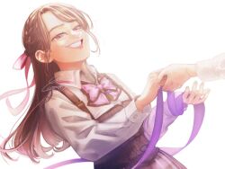 Rule 34 | 2girls, :d, artist name, assault lily, belt, belt buckle, bow, bowtie, braid, brown belt, brown hair, buckle, buttons, collared shirt, commentary, corset, dutch angle, french braid, fukuyama jeanne sachie, grin, hair bow, half-closed eyes, half updo, hands up, holding, holding hands, holding ribbon, jewelry, kishimoto maria mirai, komuzuka, long hair, long sleeves, looking at another, ludvico private girls&#039; academy school uniform, mole, mole above mouth, mole under mouth, multiple girls, necklace, open mouth, out of frame, pendant, pink bow, pink bowtie, pink eyes, pink skirt, plaid, plaid skirt, purple ribbon, ribbon, school uniform, shirt, signature, skirt, smile, solo focus, standing, suspenders, swept bangs, symbol-only commentary, underbust, upper body, white shirt