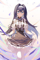 Rule 34 | 1girl, black bow, black bowtie, blue eyes, bow, bowtie, breasts, copyright request, fled, frilled skirt, frills, glasses, hairband, highres, long hair, looking at viewer, pantyhose, purple bow, purple hair, short sleeves, skirt, skirt hold, smile, solo, virtual youtuber, white pantyhose