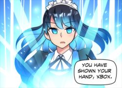 Rule 34 | 1girl, 4panels, apron, black dress, black hair, blue eyes, blue hair, blush, breasts, collared shirt, comic, dress, english text, game console, glowing, highres, hinghoi, large breasts, looking at viewer, maid headdress, medium hair, merryweather, multicolored hair, open mouth, original, personification, playstation 4, playstation 4 (personification), product girl, shirt, smile, solo, speech bubble, standing, transformation, transformation, upper body, v-shaped eyebrows