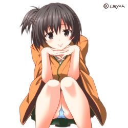 Rule 34 | 10s, 1girl, blue panties, brown eyes, brown hair, hiryuu (kancolle), interlocked fingers, japanese clothes, kantai collection, long sleeves, looking at viewer, own hands clasped, own hands together, panties, pantyshot, short hair, side ponytail, simple background, skirt, smile, solo, twitter username, underwear, upskirt, white background, yua (checkmate)