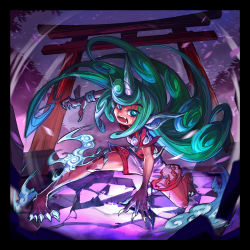 Rule 34 | 1girl, absurdres, animal ears, bare legs, bright pupils, cherry blossoms, claws, cloud print, commentary, curly hair, english commentary, fangs, fingernails, full body, green eyes, green hair, heart, highres, horns, komano aunn, long hair, looking at viewer, megabubu, night, night sky, open mouth, outdoors, red shirt, sharp fingernails, sharp toenails, shirt, shorts, single horn, sky, solo, spring (season), toenails, torii, touhou, very long hair, white shorts, wristband