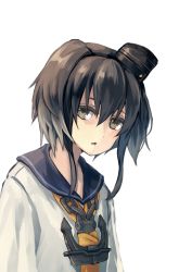Rule 34 | 10s, 1girl, anchor, black eyes, black hair, headgear, kantai collection, looking at viewer, natsuyuki, neckerchief, parted lips, sailor collar, short hair, short hair with long locks, simple background, solo, tokitsukaze (kancolle), upper body, white background
