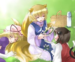 Rule 34 | 3girls, animal ears, blonde hair, blush stickers, bow, brown hair, cat ears, cat girl, cat tail, chen, closed eyes, coco (artist), dress, female focus, flower, food, fox ears, fox tail, hat, hat ribbon, hug, hugging another&#039;s tail, long hair, multiple girls, multiple tails, no headwear, open mouth, outdoors, picnic, picnic basket, ribbon, short hair, short sleeves, sitting, sleeping, smile, tail, hugging tail, thermos, touhou, twintails, yakumo ran, yakumo yukari
