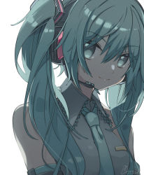 Rule 34 | 1girl, absurdres, aqua eyes, aqua hair, aqua necktie, blouse, closed mouth, collarbone, detached sleeves, grey shirt, hamudetsu, hatsune miku, highres, long hair, looking at viewer, necktie, shade, shirt, signature, simple background, sleeveless, sleeveless shirt, smile, solo, twintails, upper body, vocaloid, white background