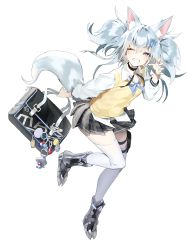 Rule 34 | 1girl, ;), absurdres, animal ear fluff, animal ears, aqua nails, bag, black choker, black skirt, blue bow, blue bowtie, blush, bow, bowtie, breasts, choker, claw pose, collared shirt, commentary, fox ears, fox tail, full body, girls&#039; frontline, grin, hair between eyes, hair ornament, highres, kirari (kira rin9), long sleeves, looking at viewer, medium hair, armored boots, miniskirt, nail polish, official alternate costume, one eye closed, pa-15 (girls&#039; frontline), pa-15 (high school thrills) (girls&#039; frontline), plaid, plaid skirt, pleated skirt, school bag, school uniform, shirt, silver hair, simple background, skirt, small breasts, smile, solo, tail, thigh strap, thighhighs, twintails, uniform, vest, white background, white shirt, white thighhighs, wing collar, yellow vest, zettai ryouiki