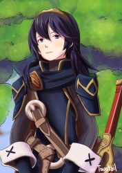 Rule 34 | 1girl, armor, blue hair, cape, fire emblem, fire emblem awakening, forest, highres, long hair, looking at viewer, lucina (fire emblem), nature, nintendo, outdoors, pauldrons, shoulder armor, smile, solo, sword, tiara, tsuntail, weapon