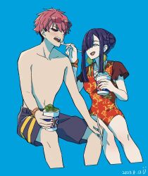 Rule 34 | 1boy, 1girl, blue background, blue eyes, blush, chinese clothes, closed eyes, couple, earrings, eating, food, gauma, gridman universe, gridman universe (film), hair bun, hair over one eye, hetero, ice cream, jewelry, long hair, official alternate costume, one-piece swimsuit, open mouth, pisto1star, princess (dynazenon), red hair, scar, simple background, single hair bun, smile, ssss.dynazenon, sunglasses, swimsuit