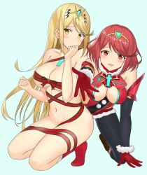 Rule 34 | 2girls, armor, blonde hair, blush, breasts, brown hair, cape, christmas, earrings, embarrassed, gloves, headpiece, jewelry, large breasts, long hair, looking at viewer, multiple girls, mythra (xenoblade), naked ribbon, nemunemu semi, nintendo, pyra (xenoblade), red eyes, red hair, red shorts, ribbon, short hair, shorts, shoulder armor, smile, tiara, xeno (series), xenoblade chronicles (series), xenoblade chronicles 2, xenoblade chronicles (series), xenoblade chronicles 2