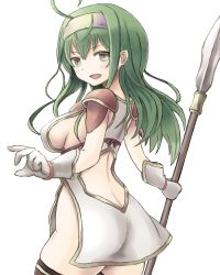 Rule 34 | 1girl, :o, ahoge, aoiyamagi4, ass, back cutout, bad id, bad pixiv id, black thighhighs, breasts, butt crack, carrie (sennen sensou aigis), clothing cutout, cowboy shot, gloves, green eyes, green hair, hairband, headband, holding, holding polearm, holding spear, holding weapon, long hair, looking back, medium breasts, open mouth, polearm, sennen sensou aigis, sideboob, smile, solo, spear, standing, thighhighs, weapon, white background, white gloves