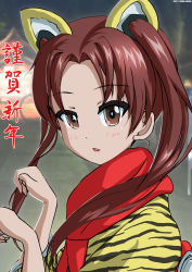 Rule 34 | 1girl, absurdres, animal ears, animal print, blurry, blurry background, brown eyes, brown hair, chinese zodiac, commentary, depth of field, fake animal ears, girls und panzer, happy new year, hatsumoude, highres, japanese clothes, kadotani anzu, kimono, long hair, long sleeves, looking at viewer, new year, obi, parted bangs, parted lips, paw pose, print kimono, red scarf, sash, scarf, solo, tiger ears, tiger print, tonan leopard, translated, twintails, year of the tiger, yellow kimono
