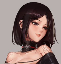 Rule 34 | 00s, 1girl, bad id, bad pixiv id, brown eyes, choker, collarbone, dungeon and fighter, eyelashes, female priest (dungeon and fighter), lips, looking down, looking to the side, medium hair, mistress (dungeon and fighter), monaim, original, simple background, smile, solo, tattoo