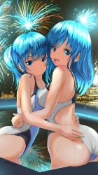 Rule 34 | 2girls, asymmetrical docking, blue eyes, blue hair, breast press, cityscape, commentary request, competition swimsuit, cowboy shot, earrings, fireworks, garter-velvet, highres, hug, incest, jewelry, long hair, looking at viewer, multiple girls, night, one-piece swimsuit, open mouth, original, outdoors, pool, round teeth, siblings, sisters, star (symbol), star earrings, swimsuit, teeth, twintails, two-tone swimsuit, upper teeth only, water, white one-piece swimsuit
