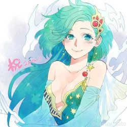 Rule 34 | 1girl, breasts, cleavage, closed mouth, detached sleeves, earrings, final fantasy, final fantasy iv, green eyes, green hair, hair ornament, jewelry, long hair, looking at viewer, lowres, aged up, rydia (ff4), satoo, smile, solo
