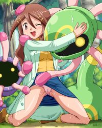 Rule 34 | 1girl, annie proctor, brown eyes, brown hair, brush, cameltoe, consensual tentacles, cradily, creatures (company), evolutionary line, forest, game freak, gen 3 pokemon, happy, lileep, long hair, lowres, nature, nintendo, one eye closed, panties, pokemoa, pokemon, pokemon (creature), smile, tentacles, underwear, wink