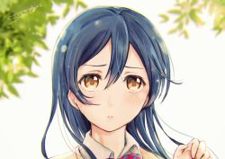 Rule 34 | 1girl, blue hair, blush, bow, bowtie, brown eyes, collared shirt, hair between eyes, hand up, leaf, long hair, love live!, love live! school idol project, otonokizaka school uniform, parted lips, portrait, red bow, red bowtie, school uniform, shirt, signature, solo, sonoda umi, striped bow, striped bowtie, striped clothes, striped neckwear, suito, sweater vest