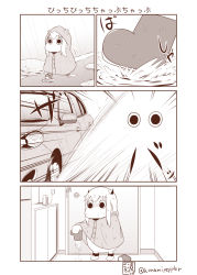 Rule 34 | (o) (o), 10s, abyssal ship, boots, car, comic, commentary request, highres, horns, kantai collection, long hair, mittens, monochrome, moomin, motor vehicle, muppo, northern ocean princess, rain, raincoat, sazanami konami, translation request, water, wet, wet clothes