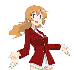 Rule 34 | 1girl, bad id, bad pixiv id, blue eyes, blush stickers, charlotte e. yeager, dress shirt, jacket, long hair, long sleeves, looking at viewer, military, military uniform, oekaki, open mouth, orange hair, shiratama (hockey), shirt, simple background, smile, solo, strike witches, uniform, white background, world witches series