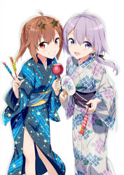 Rule 34 | 2girls, :d, ahoge, blue kimono, blush, brown hair, candy apple, commentary request, food, gotyou, grin, hair between eyes, hand fan, holding, holding food, japanese clothes, kimono, koitsura no shoutai ga onna dato ore dake ga shitteiru, long hair, long sleeves, looking at viewer, low ponytail, multiple girls, obi, official art, open mouth, paper fan, ponytail, print kimono, purple eyes, purple hair, red eyes, sash, simple background, smile, standing, star (symbol), star print, textless version, uchiwa, white background, white kimono, wide sleeves, yukata