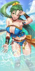 Rule 34 | 1girl, beach, bikini, blue bikini, blue sky, breasts, cleavage, cloud, commentary, day, english commentary, eyebrows hidden by hair, fire emblem, fire emblem: the blazing blade, fire emblem heroes, green eyes, green hair, highres, ippers, large breasts, lens flare, long hair, looking at viewer, lyn (fire emblem), lyn (summer) (fire emblem), navel, nintendo, official alternate costume, sky, solo, splashing, stomach, swimsuit, thighs, very long hair, wading, water