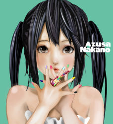 Rule 34 | 1girl, bad id, bad pixiv id, bare shoulders, black hair, blush, brown eyes, face, facing viewer, fingernails, green background, guitar, instrument, jewelry, k-on!, lips, looking at viewer, multicolored nails, nail polish, nakano azusa, nose, realistic, ring, simple background, solo, twintails, watanore
