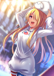 Rule 34 | 1girl, :d, alternate costume, american flag legwear, animal, animal on head, arms up, blonde hair, blurry, blurry background, breasts, casual, chinese commentary, clownpiece, commentary request, contemporary, cowboy shot, dated, drawstring, fang, hair over one eye, hood, hoodie, koissa, light particles, long hair, looking up, medium breasts, no headwear, on head, open mouth, panties, pantyhose, rabbit, rabbit on head, red eyes, sidelocks, smile, solo, standing, star (symbol), star print, striped clothes, striped legwear, striped pantyhose, touhou, underwear, white hoodie