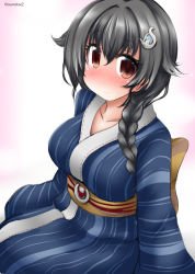 Rule 34 | 1girl, alternate costume, bad id, bad twitter id, black hair, blue kimono, breasts, collarbone, cowboy shot, gradient background, hair flaps, hair ornament, hair over shoulder, hairclip, japanese clothes, jingei (kancolle), kantai collection, kimono, large breasts, long hair, low ponytail, ouno (nounai disintegration), red eyes, solo, striped clothes, striped kimono, twitter username, white background, yukata
