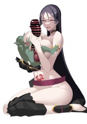 Rule 34 | 1girl, bar censor, breast sucking, breasts, censored, choker, fate/grand order, fate (series), fingerless gloves, gloves, goblin, goblin male, handjob, heart, heart-shaped pupils, huge breasts, huge penis, ky., long hair, looking at viewer, minamoto no raikou (fate), nursing handjob, penis, precum, pubic tattoo, sitting, size difference, symbol-shaped pupils, tattoo, very long hair, white background