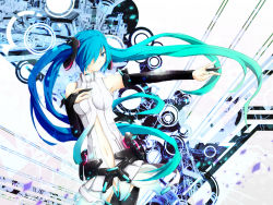 Rule 34 | 1girl, aqua eyes, aqua hair, bad id, bad pixiv id, bridal gauntlets, gradient hair, hair over one eye, hand on another&#039;s chest, hand on own chest, hatsune miku, hatsune miku (append), long hair, mujun (zipper), multicolored hair, navel, necktie, outstretched arm, solo, thigh gap, thighhighs, thighs, twintails, very long hair, vocaloid, vocaloid append
