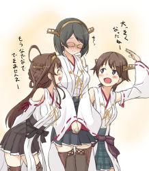 Rule 34 | 10s, 3girls, bad id, bad pixiv id, bare shoulders, black hair, blush, boots, brown hair, detached sleeves, engiyoshi, glasses, hairband, height difference, hiei (kancolle), highres, japanese clothes, kantai collection, kirishima (kancolle), kongou (kancolle), long hair, multiple girls, no legwear, nontraditional miko, open mouth, revision, short hair, skirt, smile, tall, thigh boots, thighhighs, translated