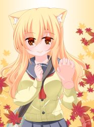 Rule 34 | 1girl, 1other, animal ear fluff, animal ears, autumn leaves, bag, black sailor collar, black skirt, blonde hair, breasts, cardigan, cat ears, cat girl, cat tail, closed mouth, commentary request, disembodied limb, gradient background, hair between eyes, highres, holding hands, interlocked fingers, kanijiru, long hair, looking at viewer, medium breasts, original, pleated skirt, red eyes, red ribbon, ribbon, sailor collar, shoulder bag, signature, skirt, smile, tail, tail ornament, tail ribbon, very long hair, white background, yellow background, yellow cardigan