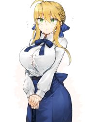 Rule 34 | 1girl, :&lt;, ahoge, artoria pendragon (all), artoria pendragon (fate), artoria pendragon (lancer) (fate), bad id, bad pixiv id, blonde hair, blouse, blue bow, blue ribbon, blue skirt, blush, bow, braid, breasts, collared shirt, commentary request, cosplay, excalibur (fate/stay night), fate/grand order, fate/stay night, fate (series), flying sweatdrops, green eyes, hair between eyes, hair bun, hair ribbon, hand on hilt, highres, holding, holding sword, holding weapon, large breasts, long sleeves, neck ribbon, planted, planted sword, planted weapon, ribbon, saber (fate), saber (fate) (cosplay), shirt, sidelocks, single hair bun, skirt, solo, suminagashi, sweatdrop, sword, weapon, white background, white shirt