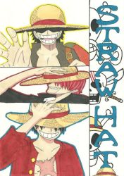 Rule 34 | 3boys, black hair, facial hair, gol d. roger, hat, hat over eyes, jolly roger, male focus, monkey d. luffy, multiple boys, one piece, open clothes, open shirt, red hair, red shirt, scar, shanks (one piece), shirt, smile, straw hat, teeth, text focus, time progression