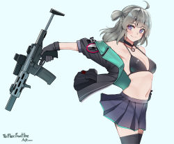 Rule 34 | 1girl, aac honey badger, advanced armament corporation, ahoge, assault rifle, bikini, bikini top only, black choker, black gloves, black thighhighs, blue skirt, breasts, buckle, carbine, choker, dated, english text, eotech, girls&#039; frontline, gloves, grey hair, gun, hair bun, hairstyle request, halterneck, honey badger (girls&#039; frontline), integral suppressor, integrally-suppressed firearm, jacket, jacket partially removed, light blue background, magazine (weapon), medium hair, midriff, miniskirt, navel, outstretched arm, personal defense weapon, pleated skirt, pouch, purple eyes, q (firearms company), rifle, side bun, sidelocks, simple background, single side bun, skirt, small breasts, solo, stomach, string bikini, suppressor, swimsuit, thighhighs, trigger discipline, warashi, weapon