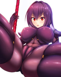 Rule 34 | &gt;:o, 1girl, :o, armor, blush, bodysuit, breasts, cameltoe, cleft of venus, covered erect nipples, covered navel, fate/grand order, fate (series), foreshortening, gae bolg (fate), highres, holding, holding weapon, large breasts, long hair, looking at viewer, lying, nekoda (maoda), on back, polearm, purple bodysuit, purple hair, red eyes, scathach (fate), shoulder armor, simple background, solo, spear, spread legs, v-shaped eyebrows, weapon, white background