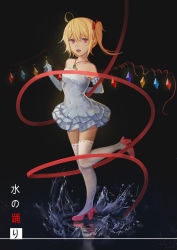 Rule 34 | 1girl, alternate costume, arm behind back, arm garter, bare shoulders, black background, blonde hair, dress, elbow gloves, fang, flandre scarlet, full body, gem, gloves, green gemstone, high heels, highres, jewelry, jiaotache, layered skirt, looking at viewer, necklace, open mouth, red eyes, red footwear, ribbon-trimmed legwear, ribbon trim, shoes, short dress, short hair, side ponytail, skirt, solo, splashing, standing, standing on liquid, standing on one leg, strapless, strapless dress, thighhighs, touhou, white dress, white thighhighs, wings, zettai ryouiki