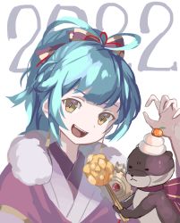 Rule 34 | 1girl, 2022, :d, blue hair, earrings, fire emblem, fire emblem heroes, food, highres, japanese clothes, jewelry, kagami mochi, kimono, long hair, looking at viewer, mochi, mutomorokoshi, nintendo, official alternate costume, open mouth, otter, ponytail, reginn (fire emblem), smile, teeth, upper body, upper teeth only, yellow eyes