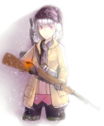 Rule 34 | 1girl, bolt action, coat, earmuffs, female focus, gloves, gun, hat, hentaki, highres, mosin-nagant, pink eyes, rifle, scarf, snow, solo, tom clancy&#039;s the division, weapon, white hair
