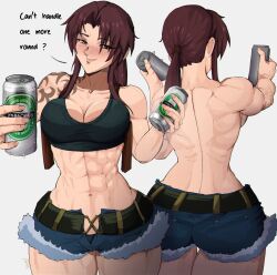 Rule 34 | 1girl, abs, back, beer can, black lagoon, blush, breasts, can, cleavage, drink can, english text, highres, holster, large breasts, long hair, looking at viewer, muscular, muscular female, ponytail, red hair, revy (black lagoon), shorts, shoulder holster, simple background, solo, tank top, topless, white background, yoracrab