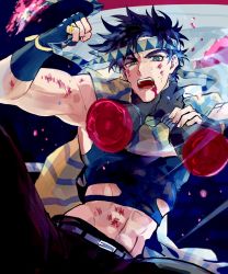 Rule 34 | 1boy, absurdres, asphyxiation, battle tendency, black hair, blood, blood in hair, blue eyes, crop top, disembodied hand, feather hair ornament, feathers, fingerless gloves, gloves, hair ornament, hands on another&#039;s neck, highres, jewelry, jojo no kimyou na bouken, joseph joestar, joseph joestar (young), midriff, nigelungdayo, removing headwear, ring, scarf, scratches, solo, strangling, striped clothes, striped scarf, triangle print