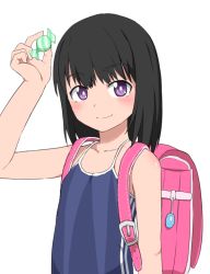 Rule 34 | 1girl, backpack, bag, black hair, blush, bubukka, candy, character request, closed mouth, competition school swimsuit, crime prevention buzzer, female focus, food, looking at viewer, one-piece swimsuit, purple eyes, randoseru, school swimsuit, short hair, simple background, sleeveless, smile, solo, swimsuit, upper body, white background