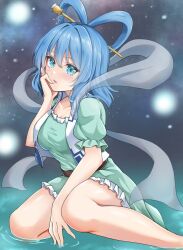 Rule 34 | 1girl, blue eyes, blue hair, breasts, commentary, dress, hagoromo, hair between eyes, hair ornament, hair rings, hair stick, hand on own face, highres, kaku seiga, kneeling on liquid, large breasts, light blush, looking at viewer, medium hair, nobea, open mouth, puffy short sleeves, puffy sleeves, shawl, short sleeves, solo, thighs, touhou, water