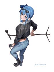 Rule 34 | 1girl, absurdres, alternate costume, ass, black gloves, black jacket, blue eyes, blue hair, blue pants, casual, closed mouth, cropped jacket, denim, from above, full body, fur-trimmed jacket, fur trim, gloves, highres, holding, hololive, hoshimachi suisei, jacket, jeans, microphone, microphone stand, midriff, pants, partially fingerless gloves, seventeencrows, simple background, single glove, solo, star (symbol), star in eye, sunglasses, symbol in eye, virtual youtuber, white background